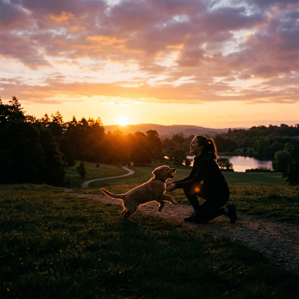 Professional guide dog trainer working with a golden retriever puppy